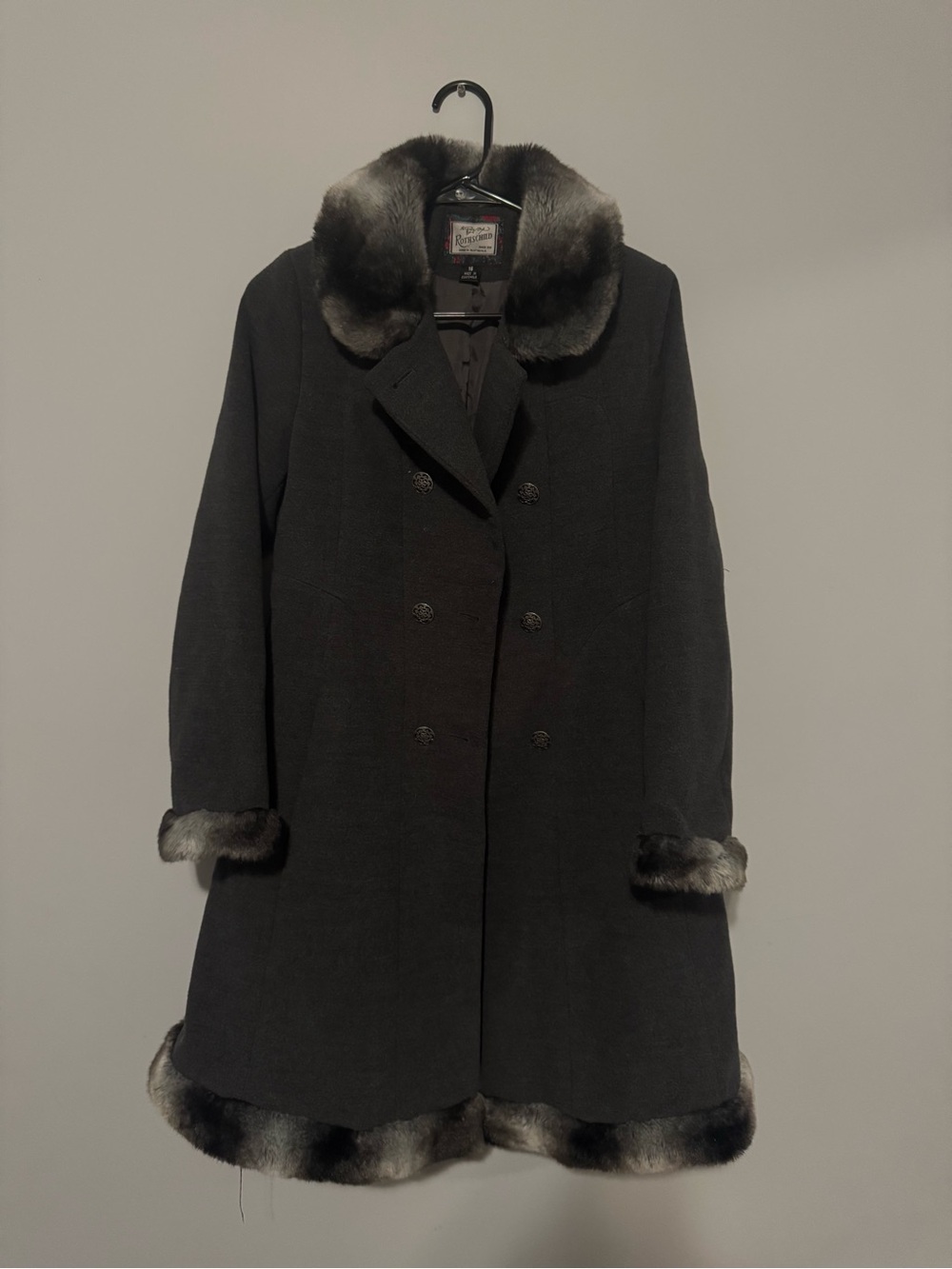Rothschild Gray Coat w Faux Fur Trim Collar Cuffs Hem Size 16 Winter Dress Coat